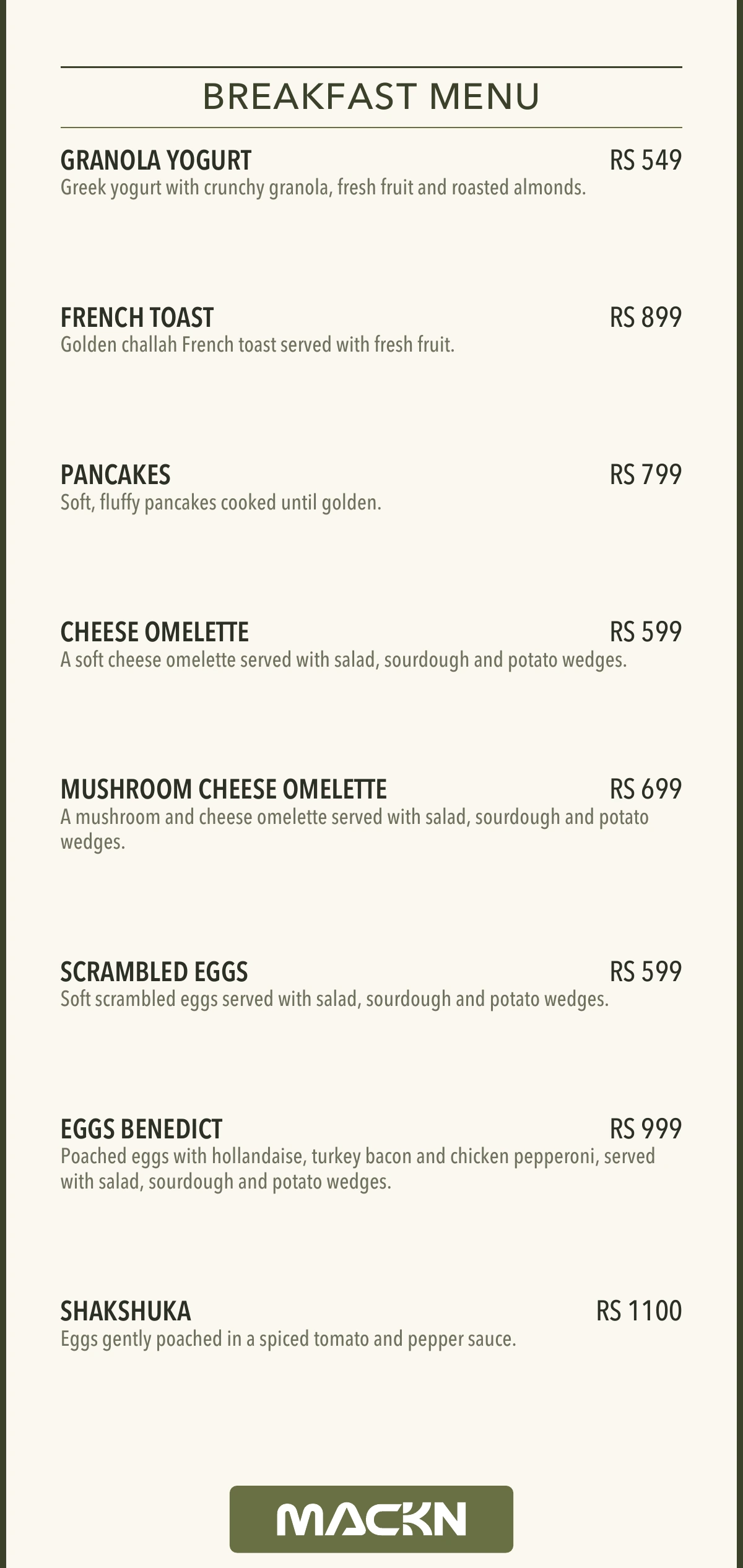 The original MACKN breakfast menu with all eight breakfast dishes and prices